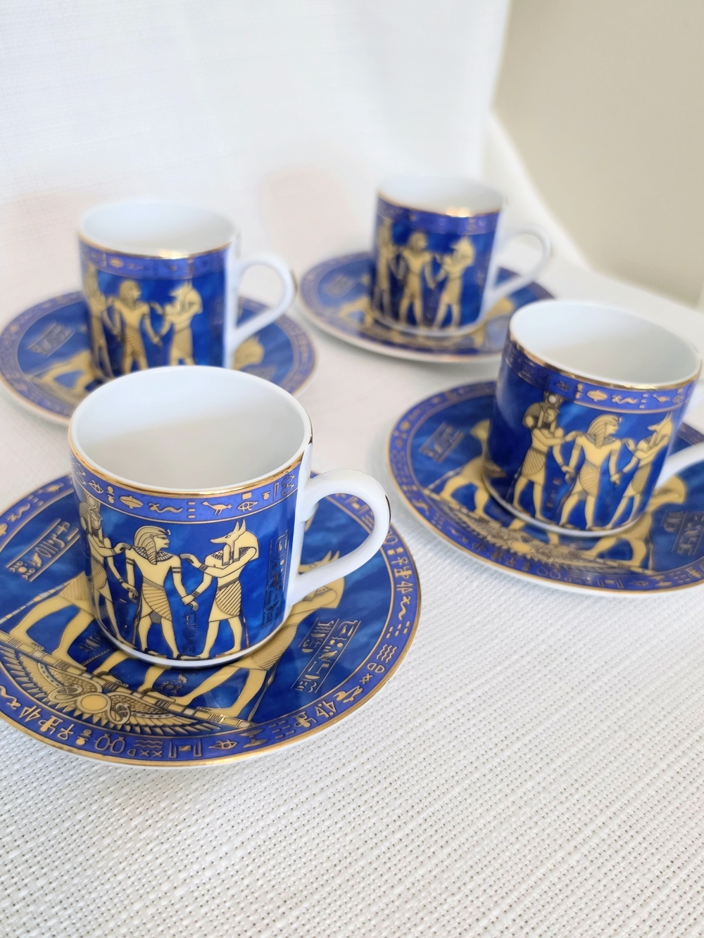 Egyptian Demitasse Cups Saucers Limoges Pharaoh Fathi Mahmoud Blue Gold 4 Set